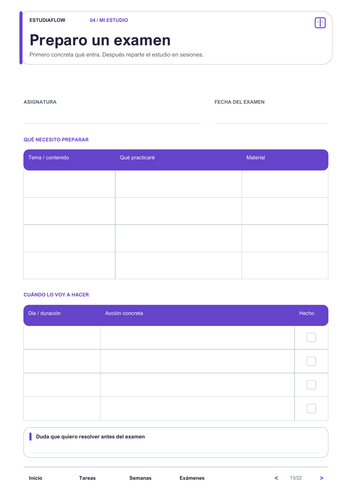 Página real del planner EstudiaFlow: Preparo un examen