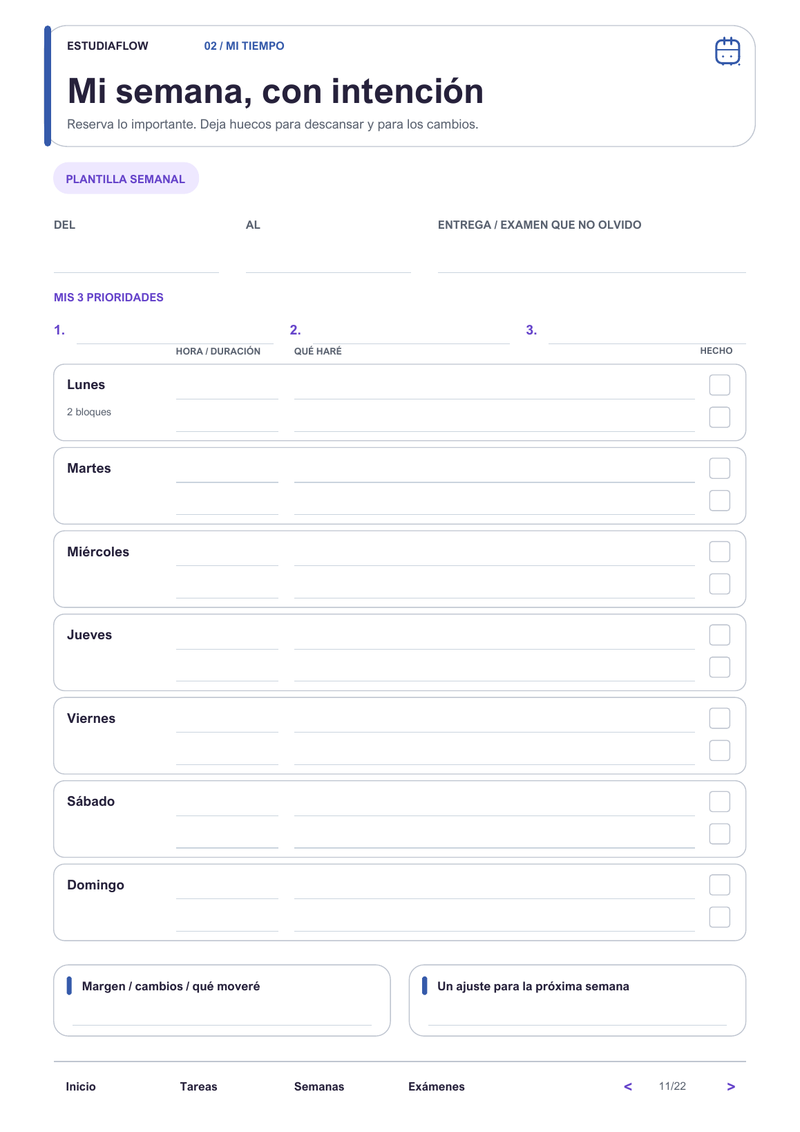 Página real del planner EstudiaFlow: Mi semana
