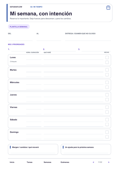 Página real del planner EstudiaFlow: Mi semana